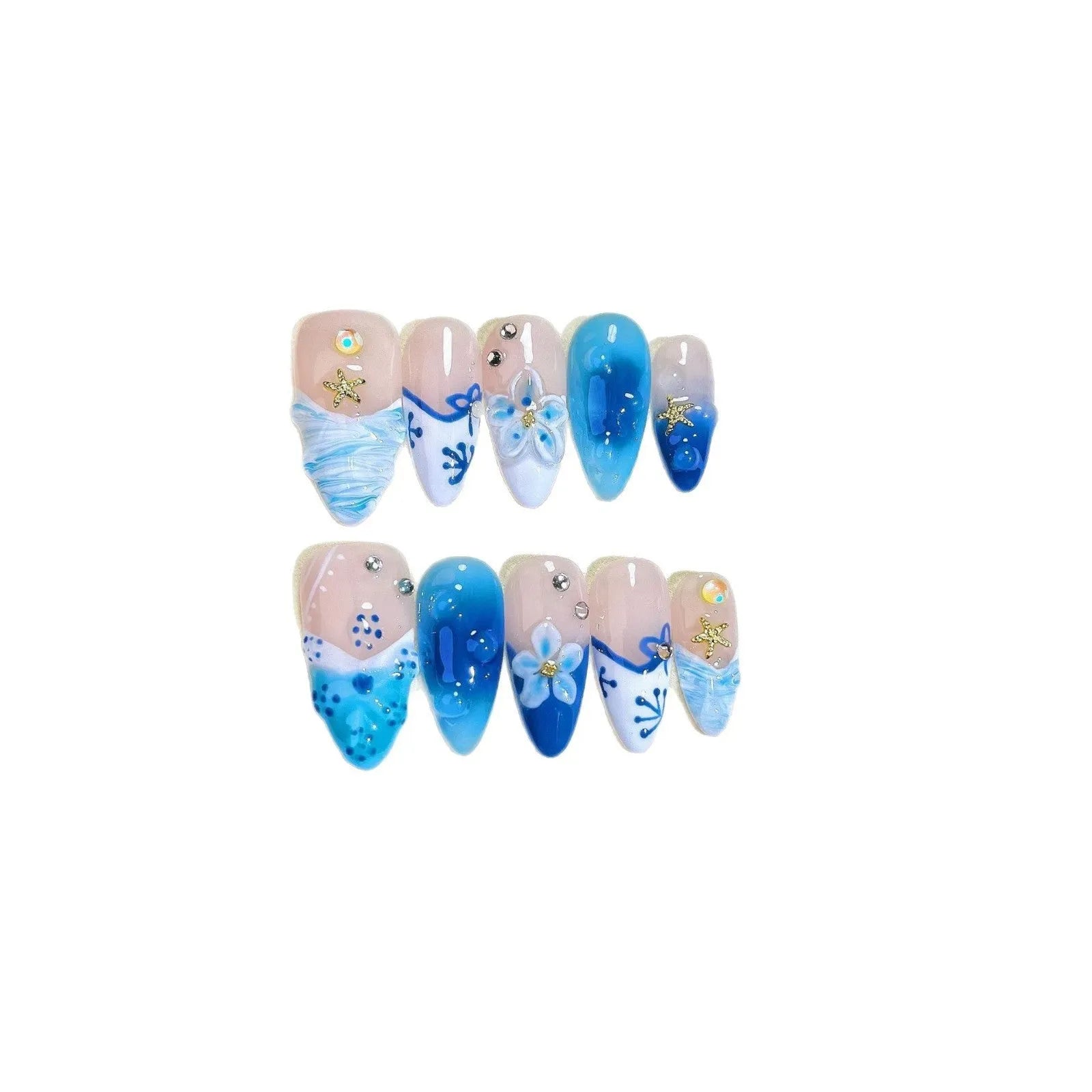 Set of blue hand-painted false nails with carved texture and a transparent summer ice aesthetic.