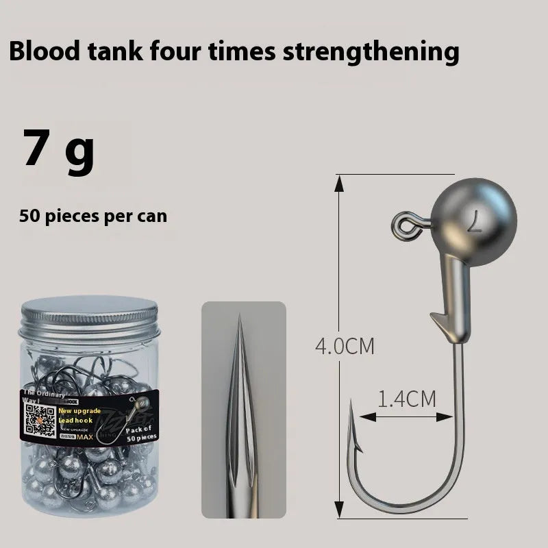 Enhanced jig hooks fishing tackle set with 50 pieces showing 4 times stronger construction in 7G size