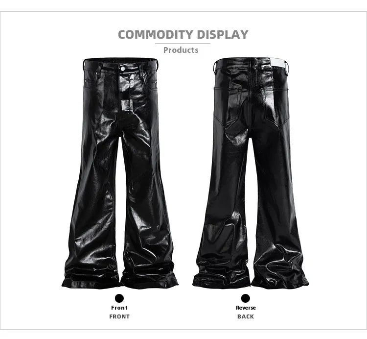 Black skinny jeans with a shiny patent leather coating and straight-leg cut on a denim background.