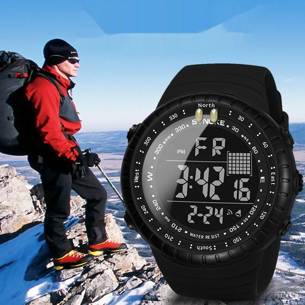 Black waterproof digital watch for men with large 54.74mm dial and PU strap
