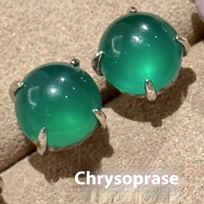 Chinese style round egg surface chalcedony earrings with four claw settings in three colour options