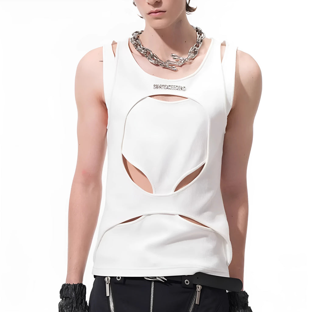Men's hollow thread sleeveless waistcoat in black or white with round neck pullover design