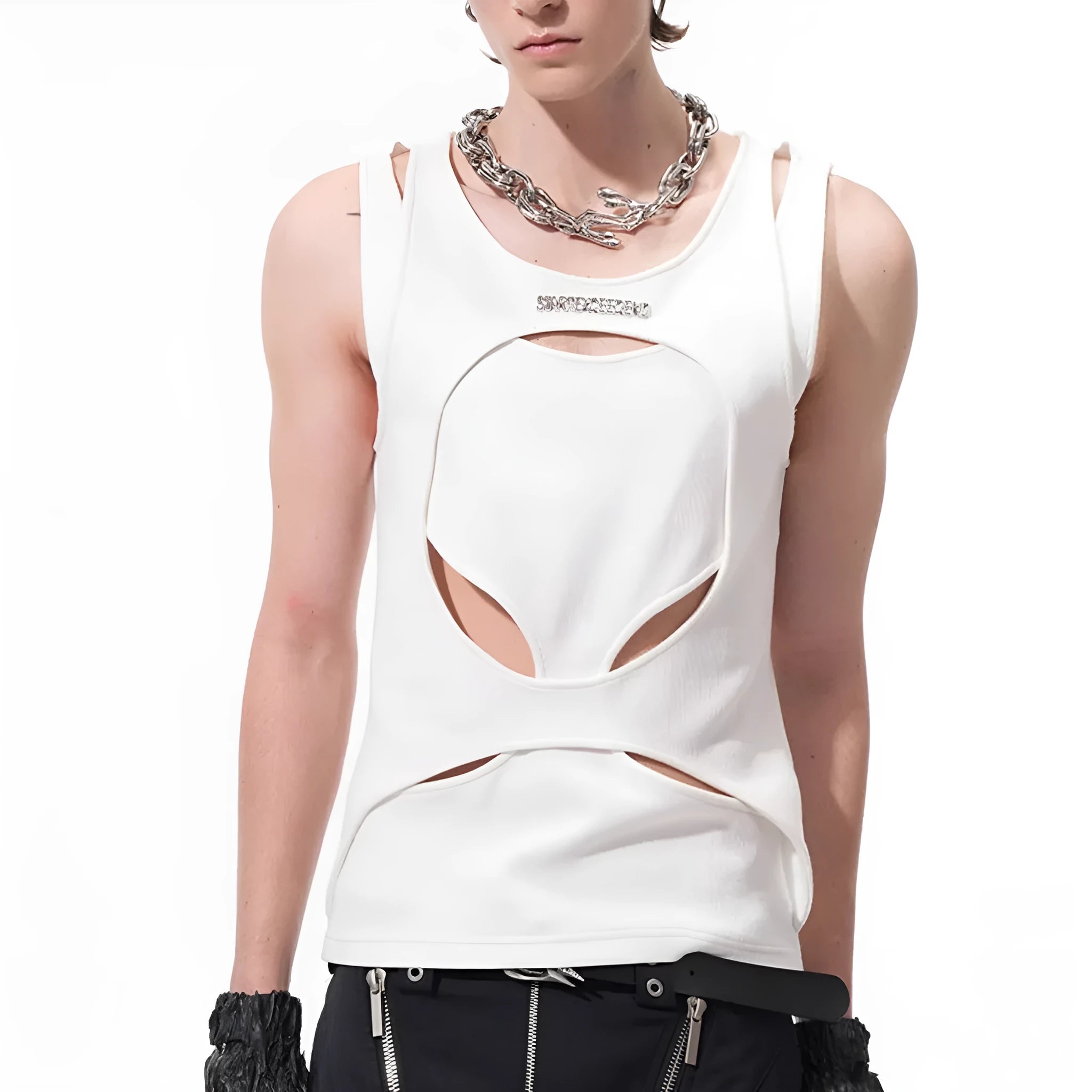 Men's hollow thread sleeveless waistcoat in black or white with round neck pullover design