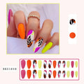 Four boxes of almond shaped nail stickers showing French colourful leaves, colourful plating, star flash macarons, and gradient leopard print designs