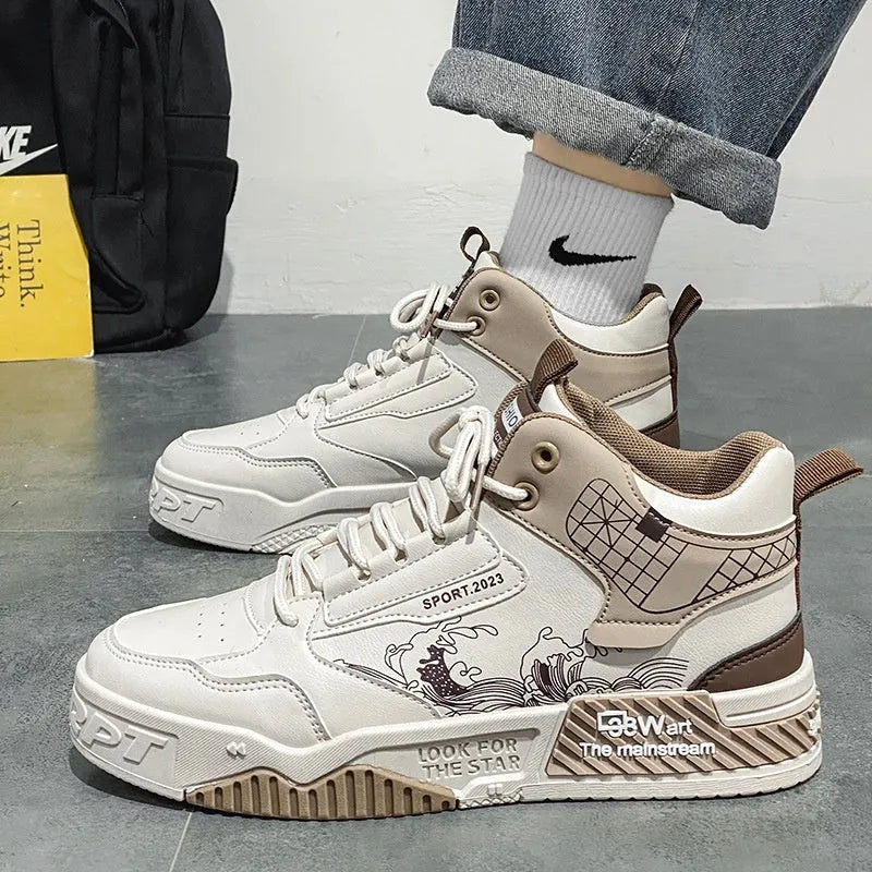 Men's beige high-top board shoes with white laces and a rubber sole on a plain background.