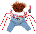 Striped Halloween harness pants costume for a dog or cat with a knife prop, showing the 3-piece set.