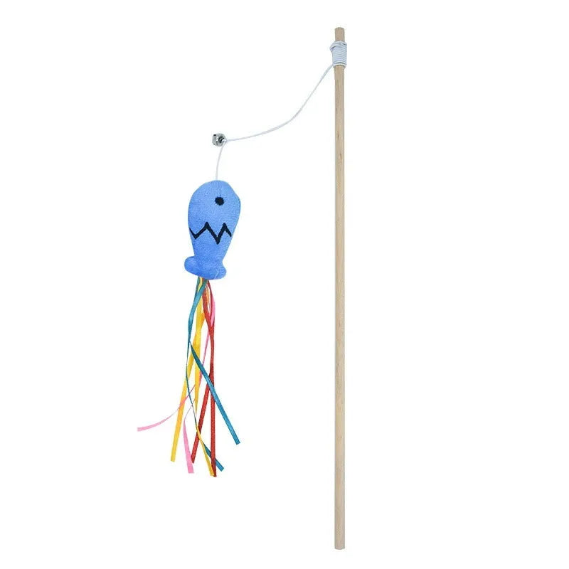 Wooden cat wand toy with colourful ribbons, catnip fish and bell attachment for interactive indoor play