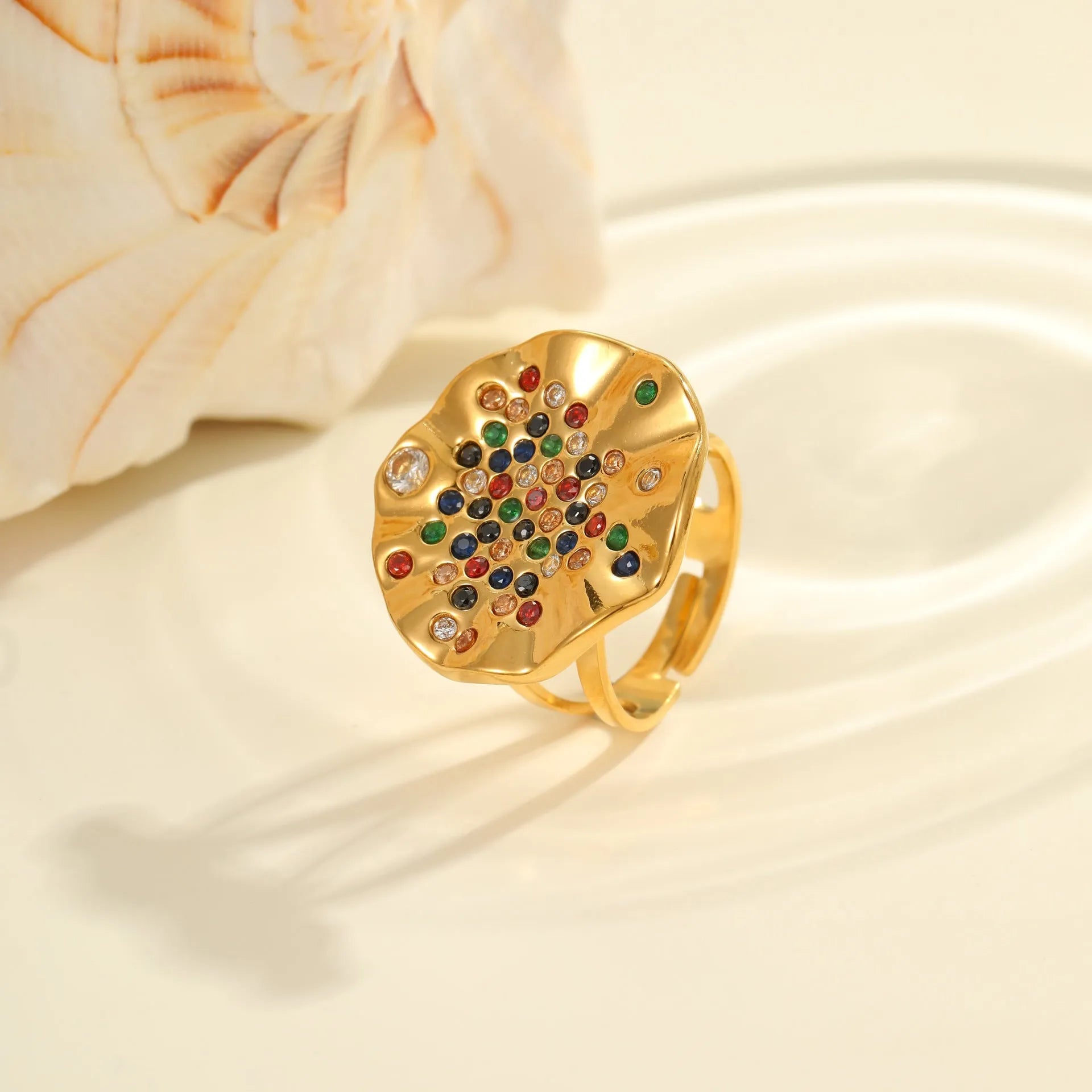 Geometric pleated titanium steel ring with crystal inlays and adjustable open mouth design