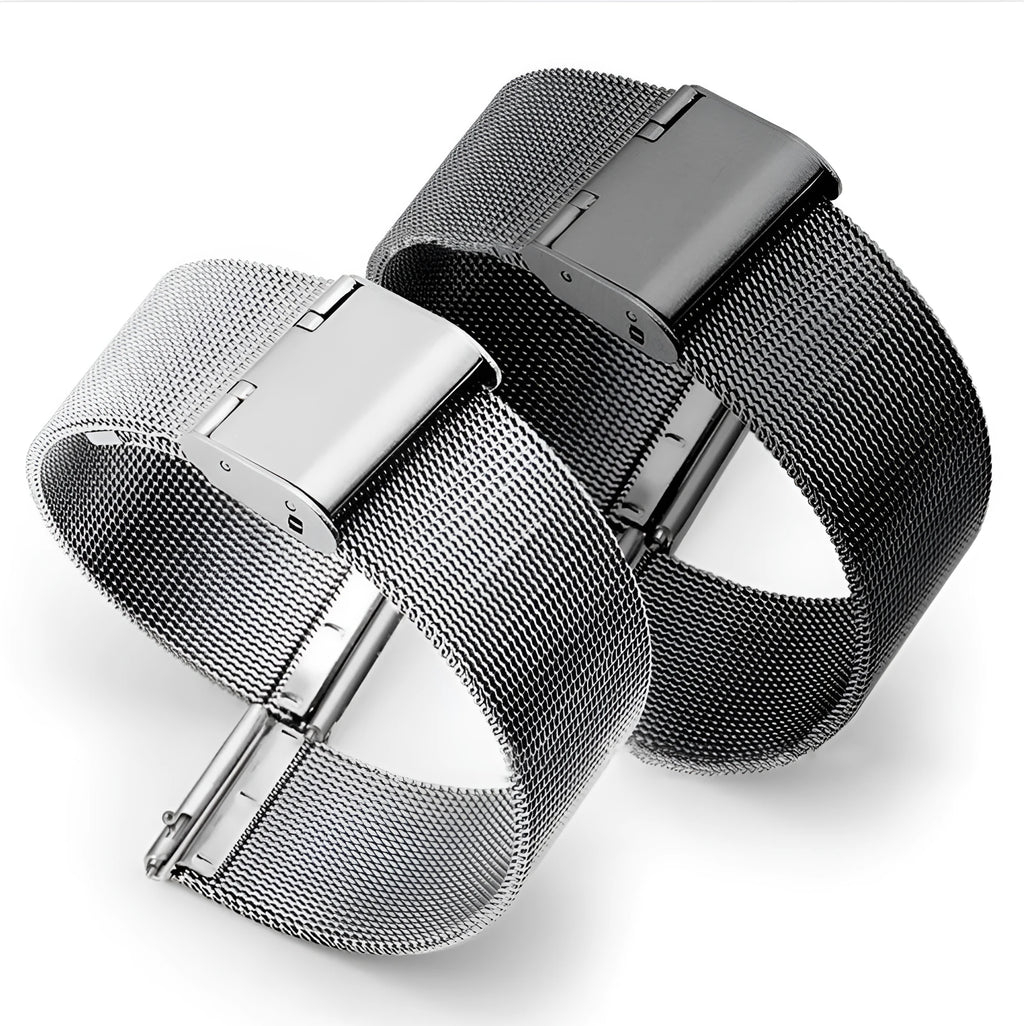 Milani silk woven stainless steel watch band in silver, shown detached from a watch.