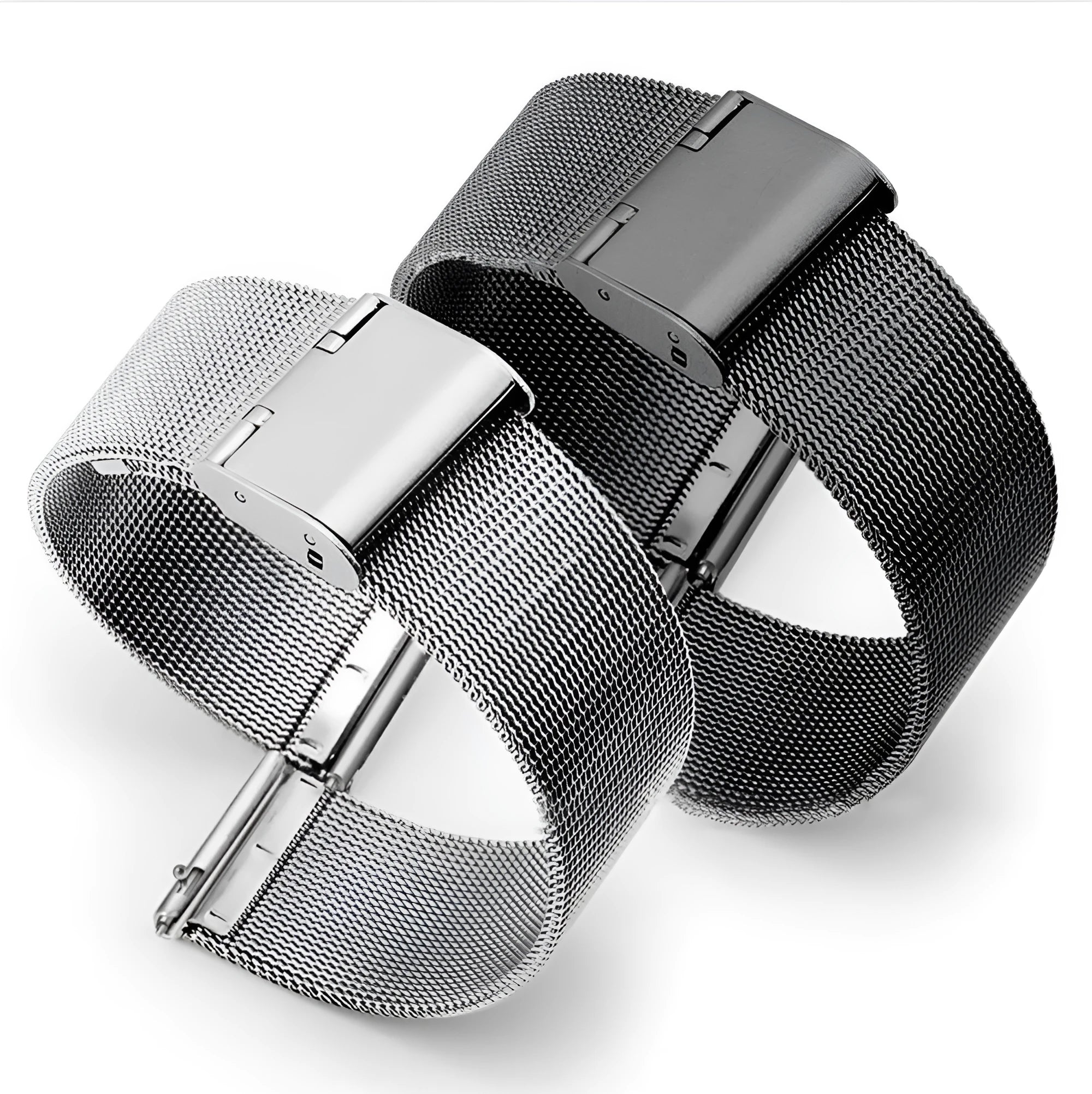 Milani silk woven stainless steel watch band in silver, shown detached from a watch.