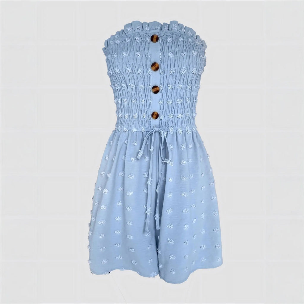 Blue women's off-shoulder sleeveless jumpsuit with button detail on mannequin