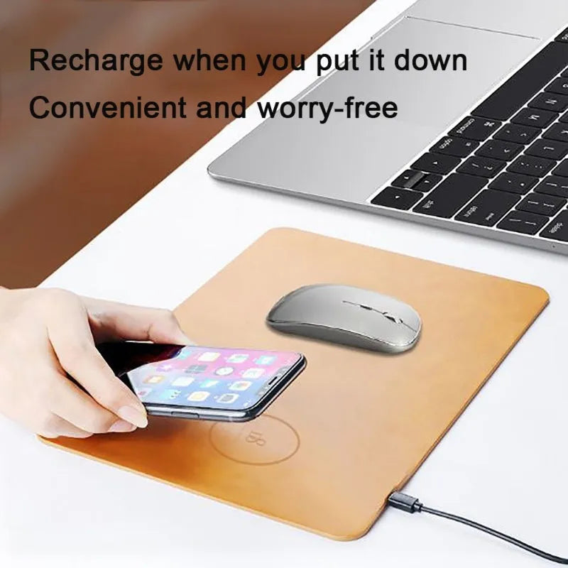 Brown leather wireless charging mouse pad with Micro USB cable