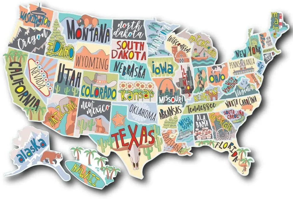 Travel themed car sticker sheet showing world map design with lettering graphics