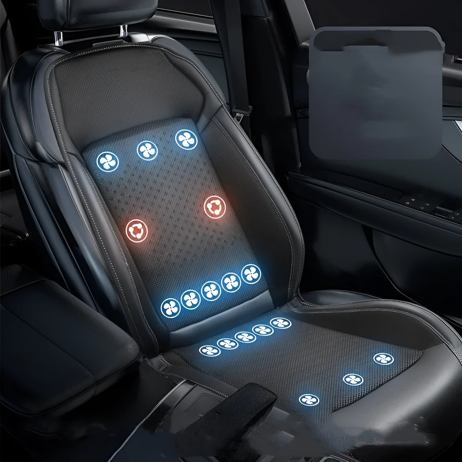Black car cooling seat cushion with massage function and USB port for 12V vehicle power