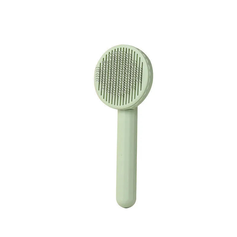 Button self-cleaning pet comb with stainless steel needles and ABS handle in blue colour