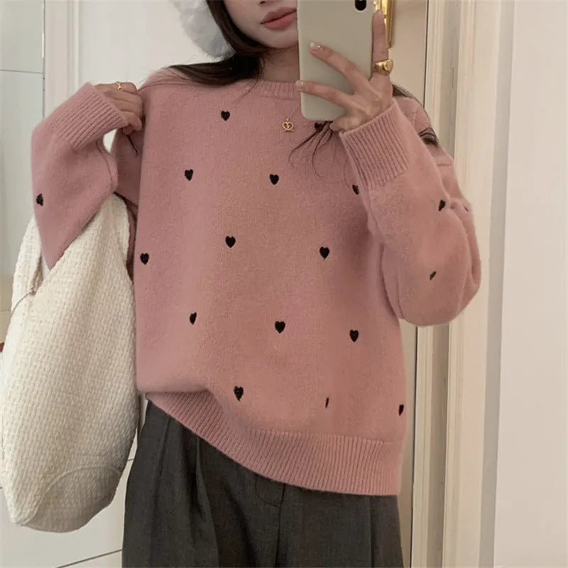 Women's loose acrylic pullover sweater with love embroidery in beige, grey, or pink.