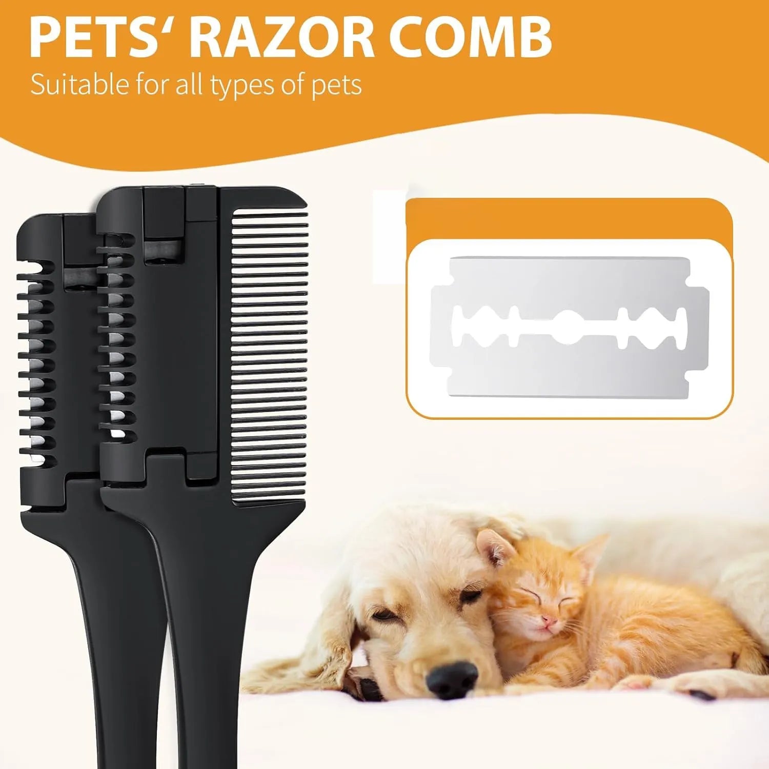 Pet razor comb with trimming blades and detangling teeth for dog cat grooming
