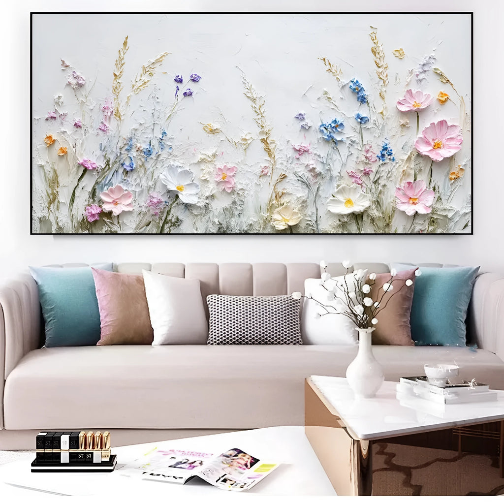 Handmade oil painting canvas wall art with 3D palette knife flowers in modern style, rolled frameless unstretched