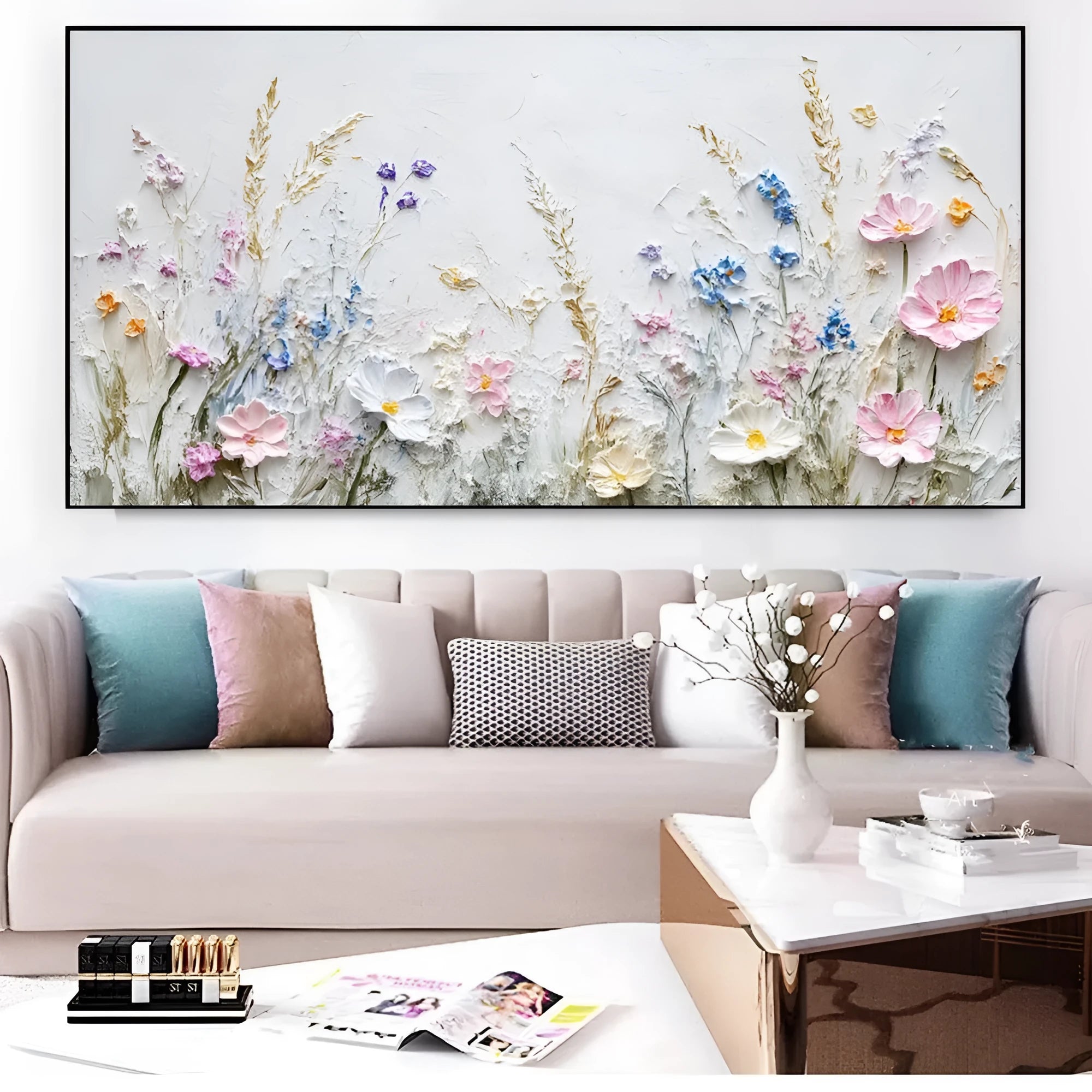 Handmade oil painting canvas wall art with 3D palette knife flowers in modern style, rolled frameless unstretched