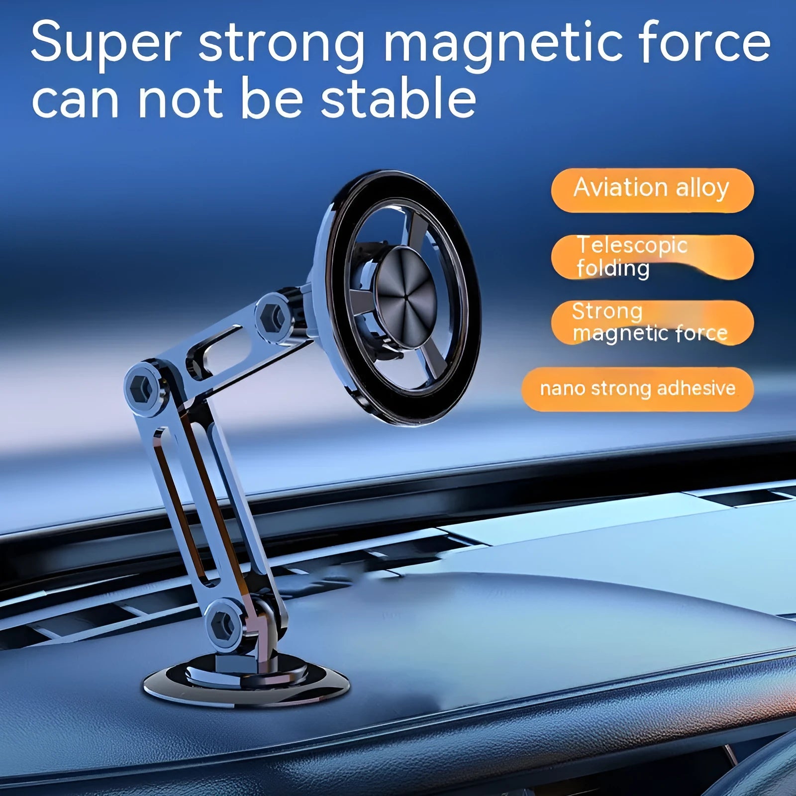 All-metal magnetic car phone holder in black, shown with magnetic rings and adhesive pads for dashboard or vent mounting.