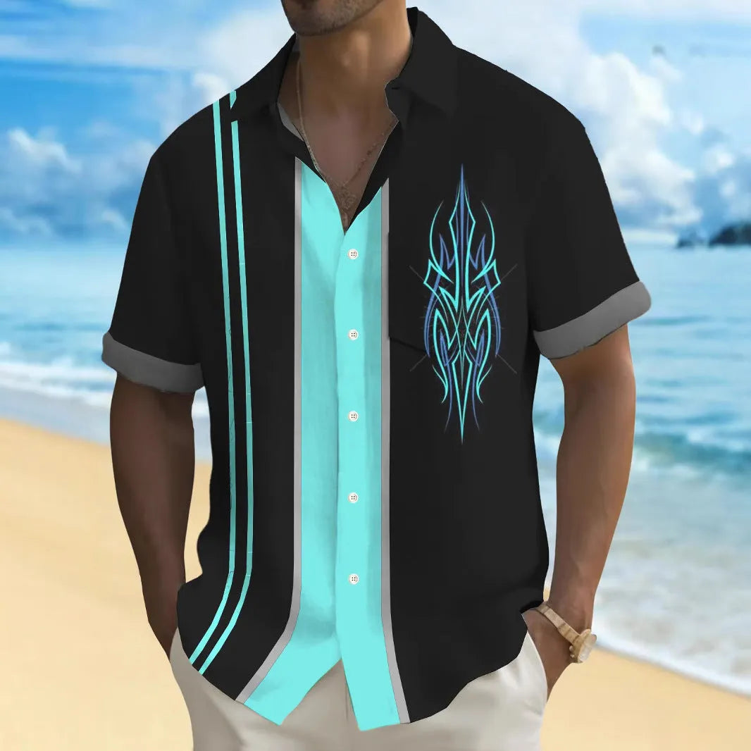 Men's loose fit casual printed shirt in a multicolour pattern, cardigan style.