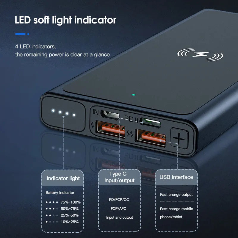 10000mAh wireless power bank with alloy shell black blue fast charging built-in plug