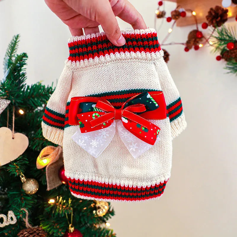 Polyester Christmas dog sweater for small to medium dogs in red, green, or beige colours with weight-based sizing