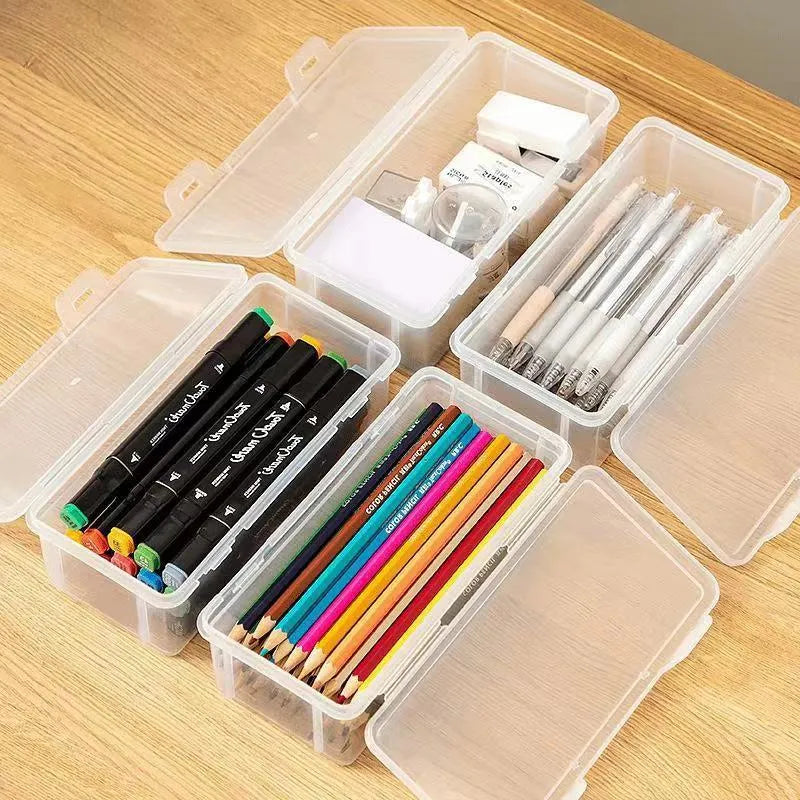 Clear plastic large capacity pencil storage box filled with coloured pencils and art supplies