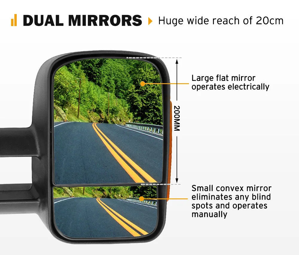Black electric exterior wing mirror for Nissan NP300 Navara with large glass and integrated light.
