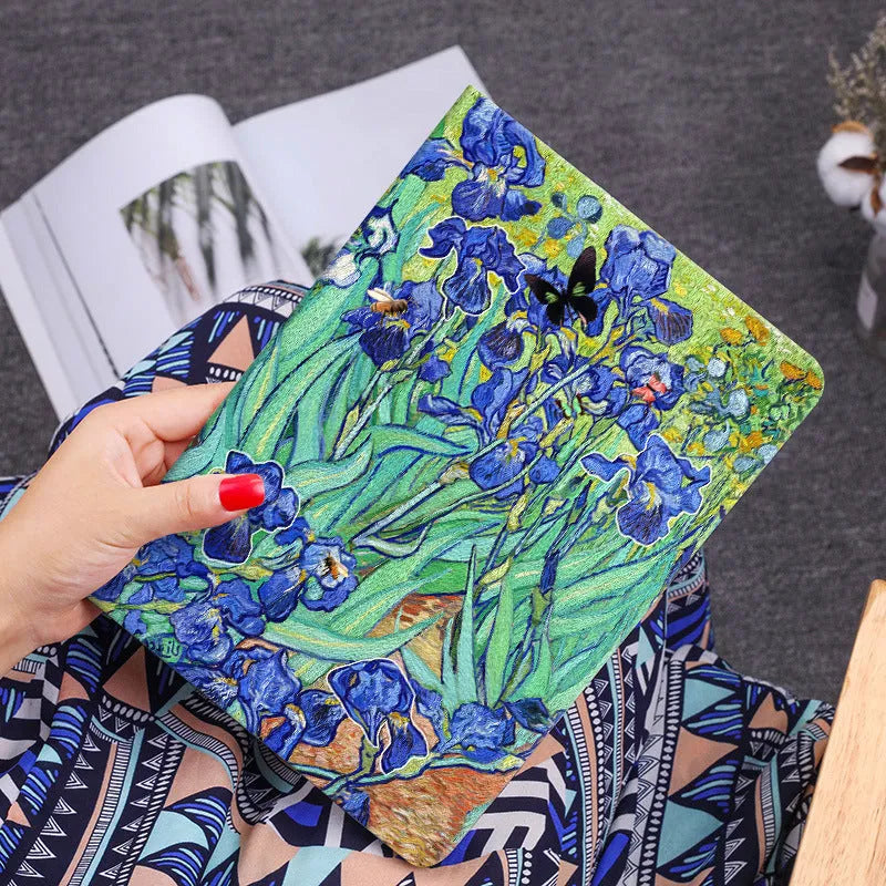 Handmade liquid silicone flip case for iPad with a floral oil painting design on the cover.