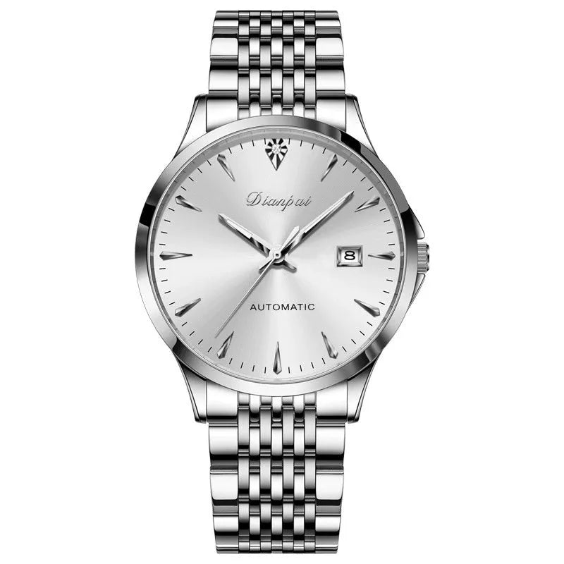 Men's simple dial automatic watch with stainless steel strap on a wrist.