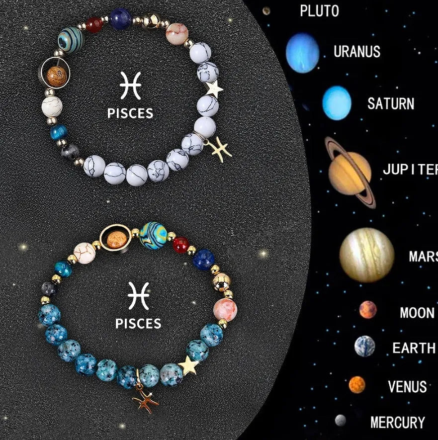 Set of twelve natural stone beaded bracelets featuring zodiac sign designs