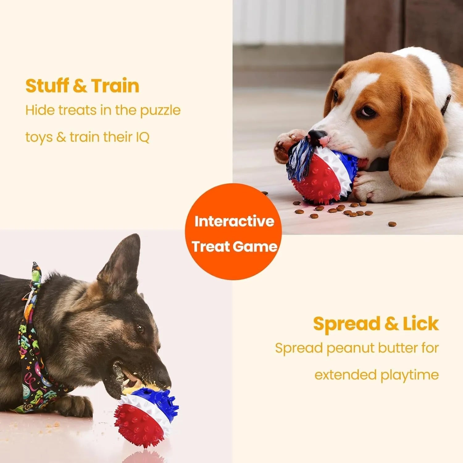 Blue and red TPR rubber dog chew toy with dental bumps, squeaker, and treat dispenser hole.