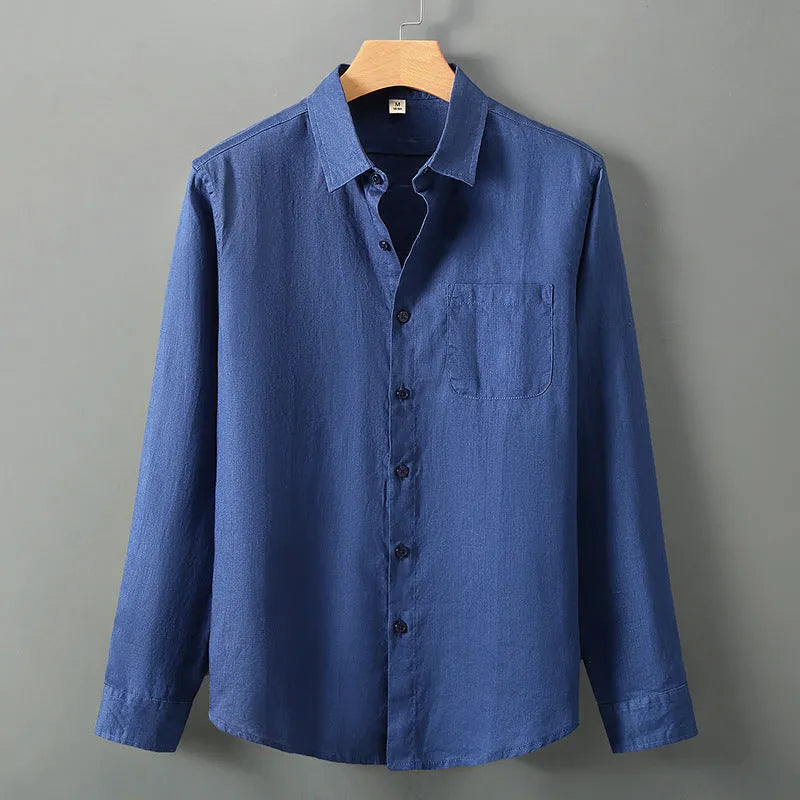 Long sleeve loose fit linen shirt in a solid colour, styled as a Chinese cardigan.
