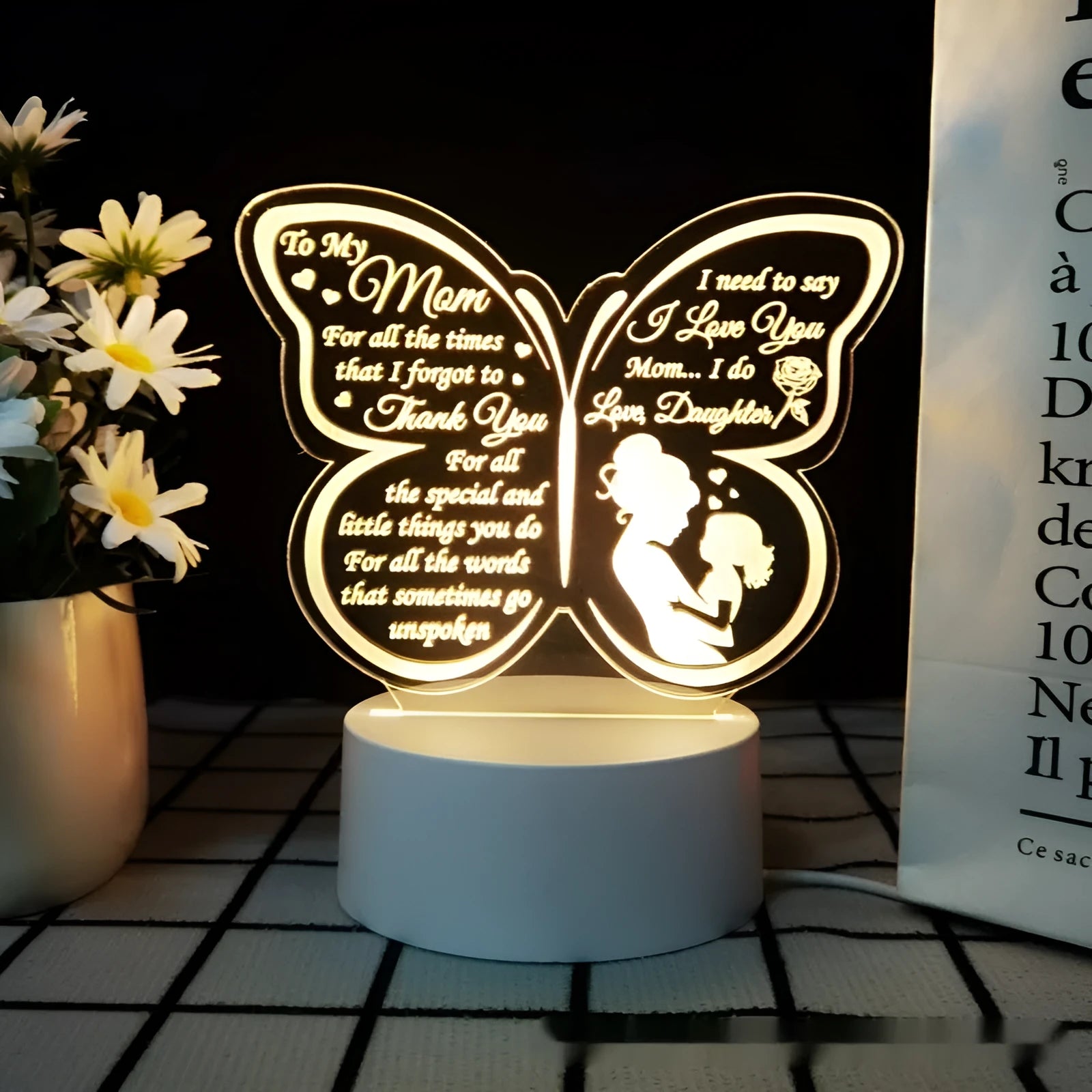 Heart-shaped acrylic table lamp with touch dimmer control and USB cable