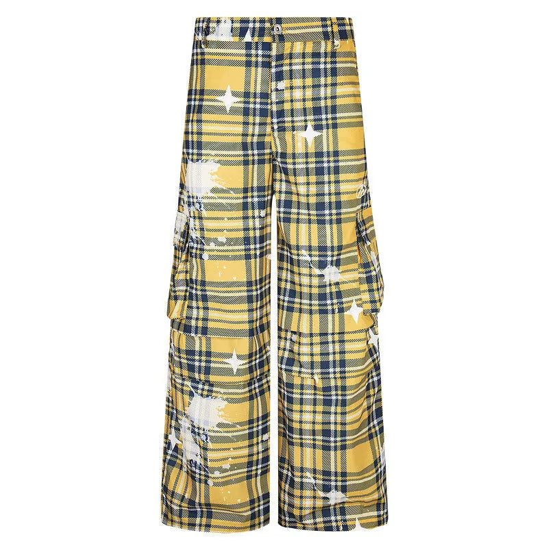 Blue and yellow plaid men's overalls with loose straight-leg cut and mid-waist styling
