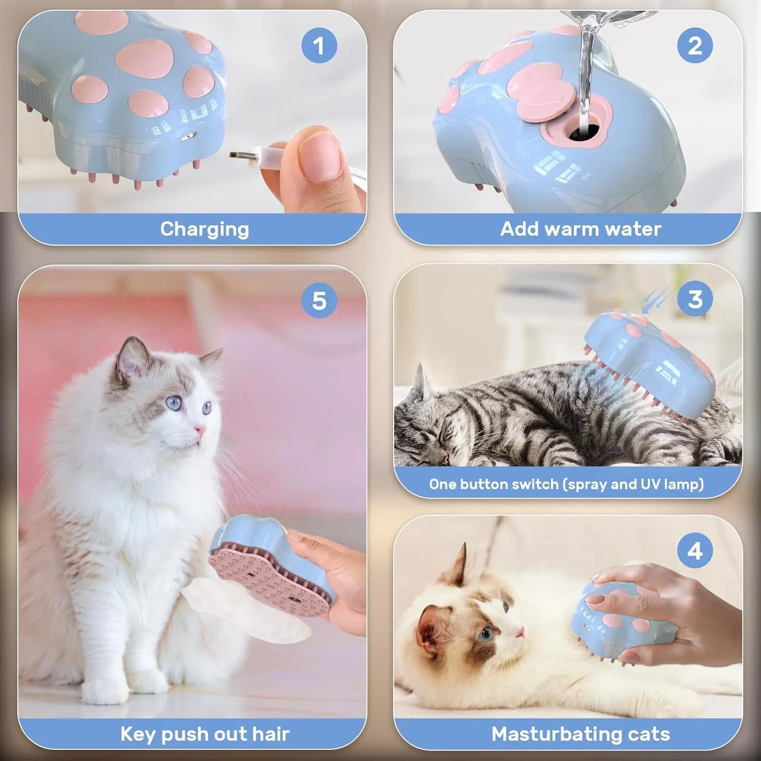 Blue self-cleaning cat steam brush with silicone bristles and a spray nozzle.