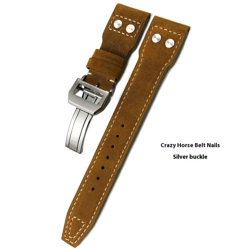 Portuguese Fire Jet genuine leather watch band strap in black with silver buckle, 20mm width