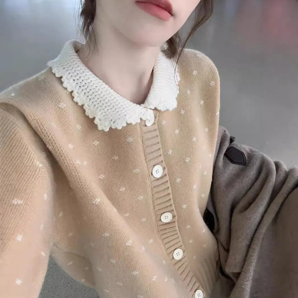 Retro Peter Pan collar floral pattern knitted cardigan coat in Japanese Korean casual style