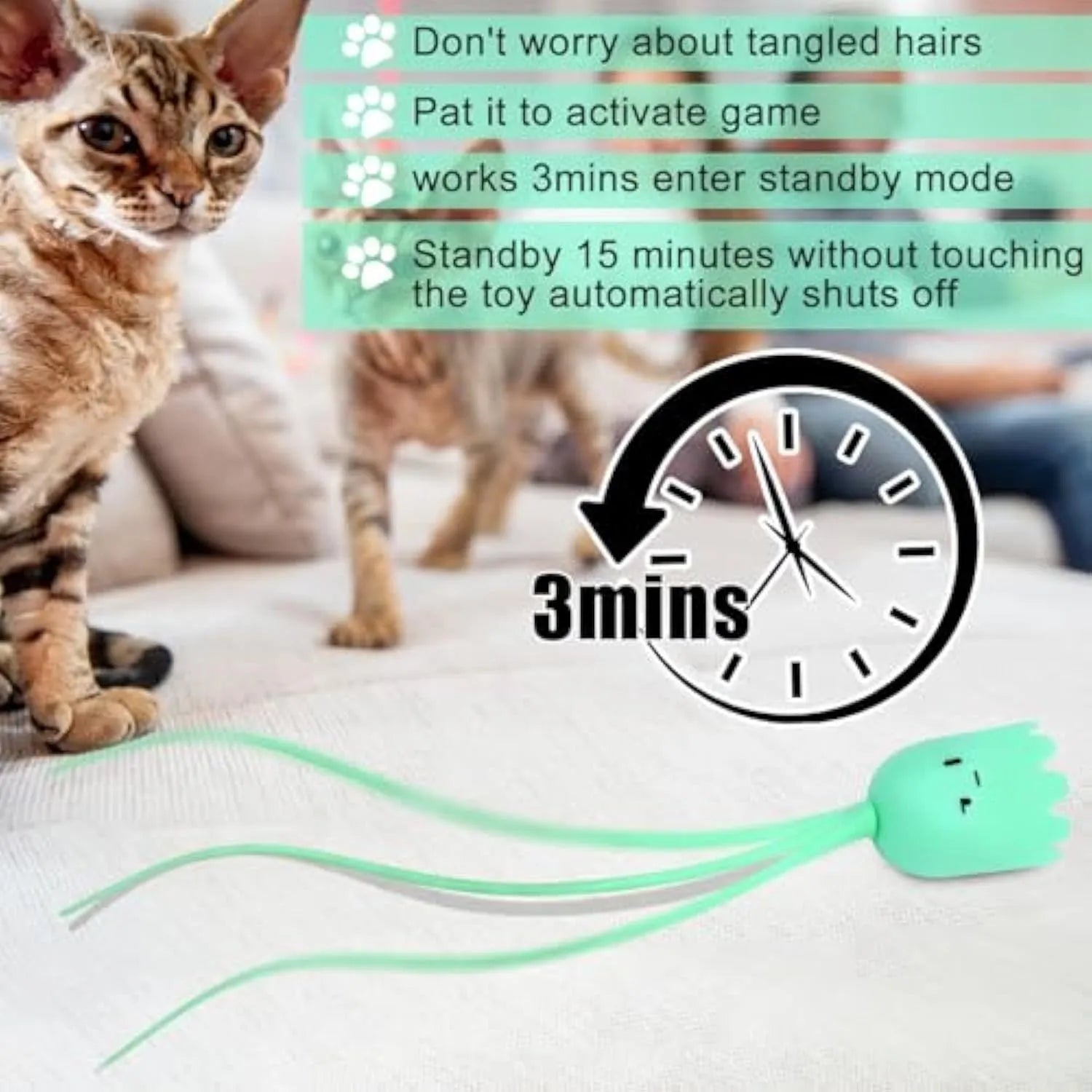 Green electronic cat wand toy with swinging silicone tails for indoor cat entertainment