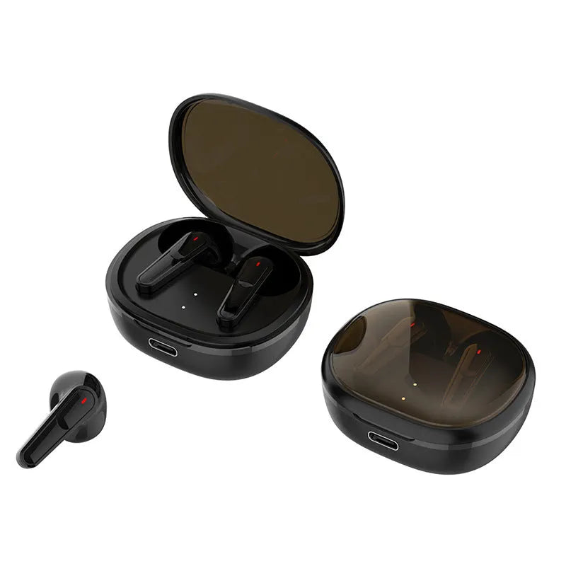 Black PRO30 noise reduction Bluetooth in-ear headphones on a dark background.