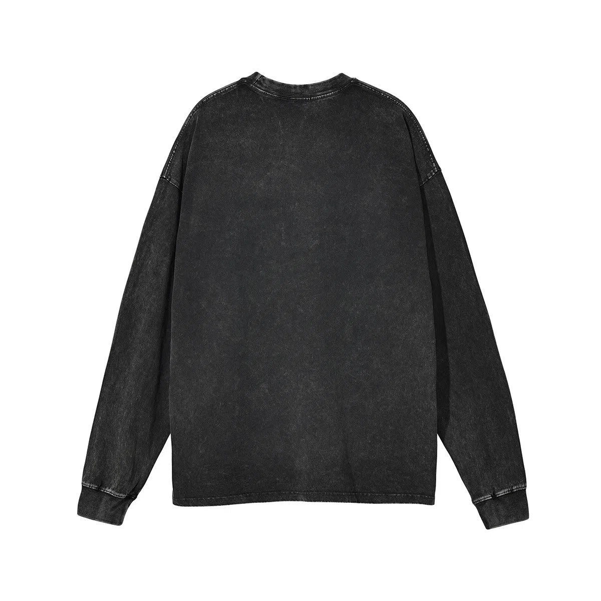Black pure cotton washed retro long-sleeved T-shirt with loose fit and distressed details, front view