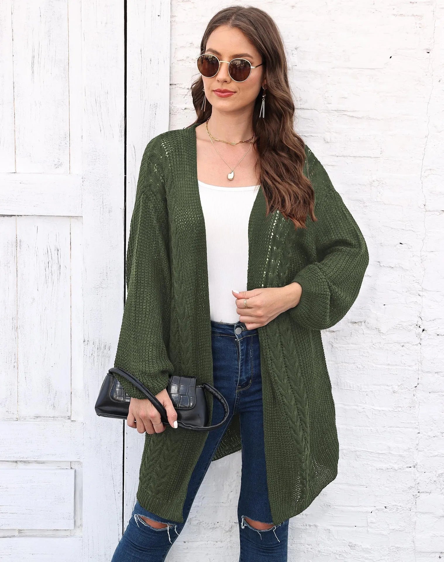 Women's loose acrylic sweater coat in army green colour showing European-American style casual fit
