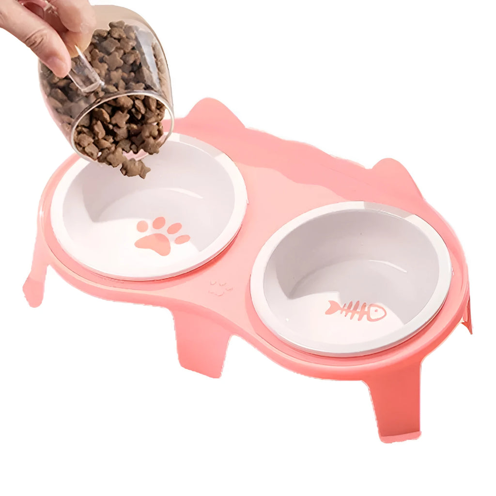 Ceramic cat food and water bowl set on elevated tilted stand with hook design in blue colour