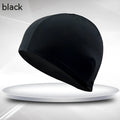 Black unisex adult swim cap made from polyester fabric with a single decorative line.