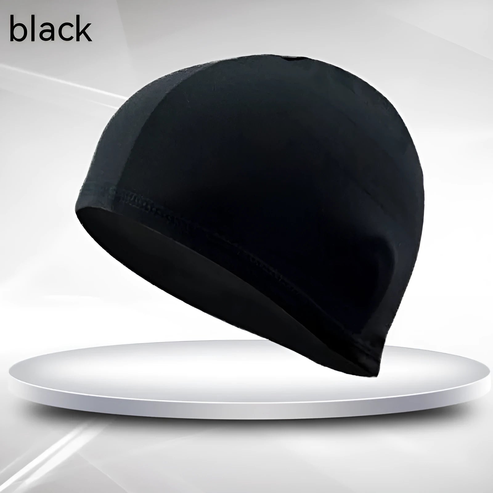 Black unisex adult swim cap made from polyester fabric with a single decorative line.