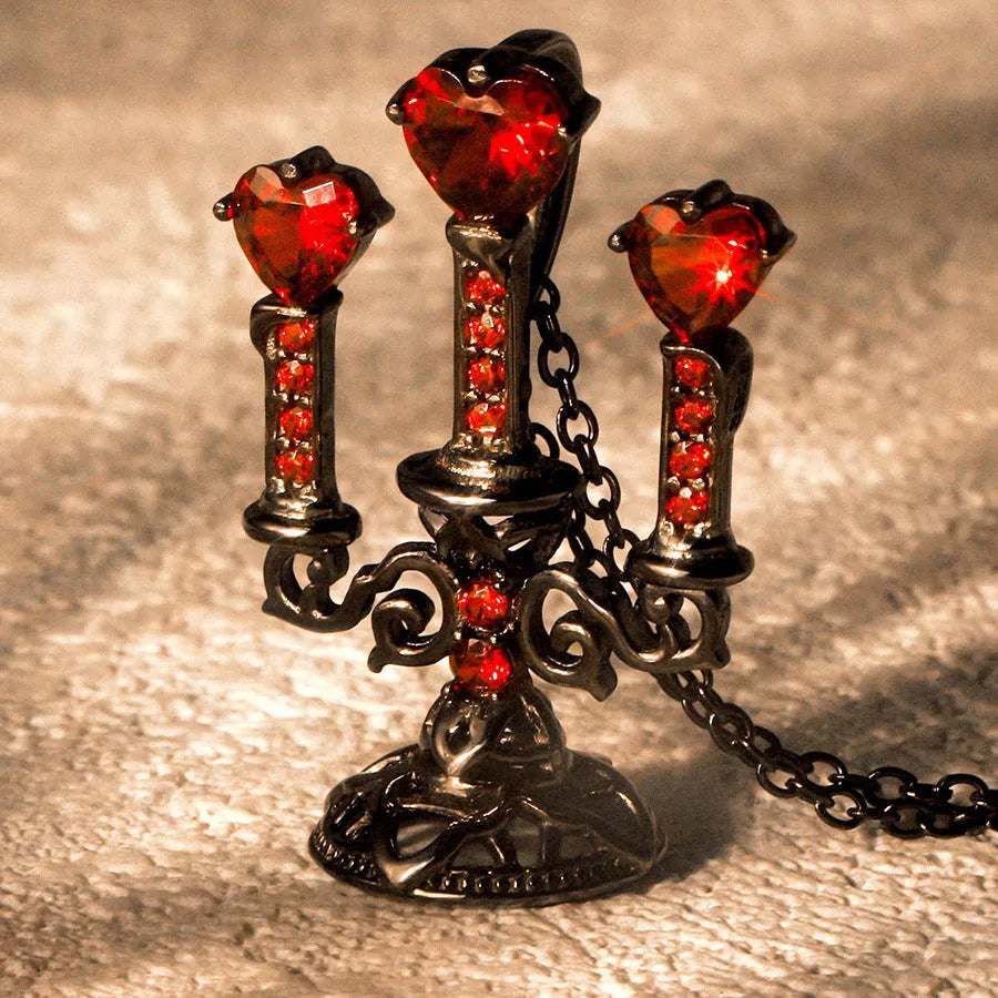 Zinc alloy gothic necklace with hollow candlestick pendant and cross chain in retro colour.