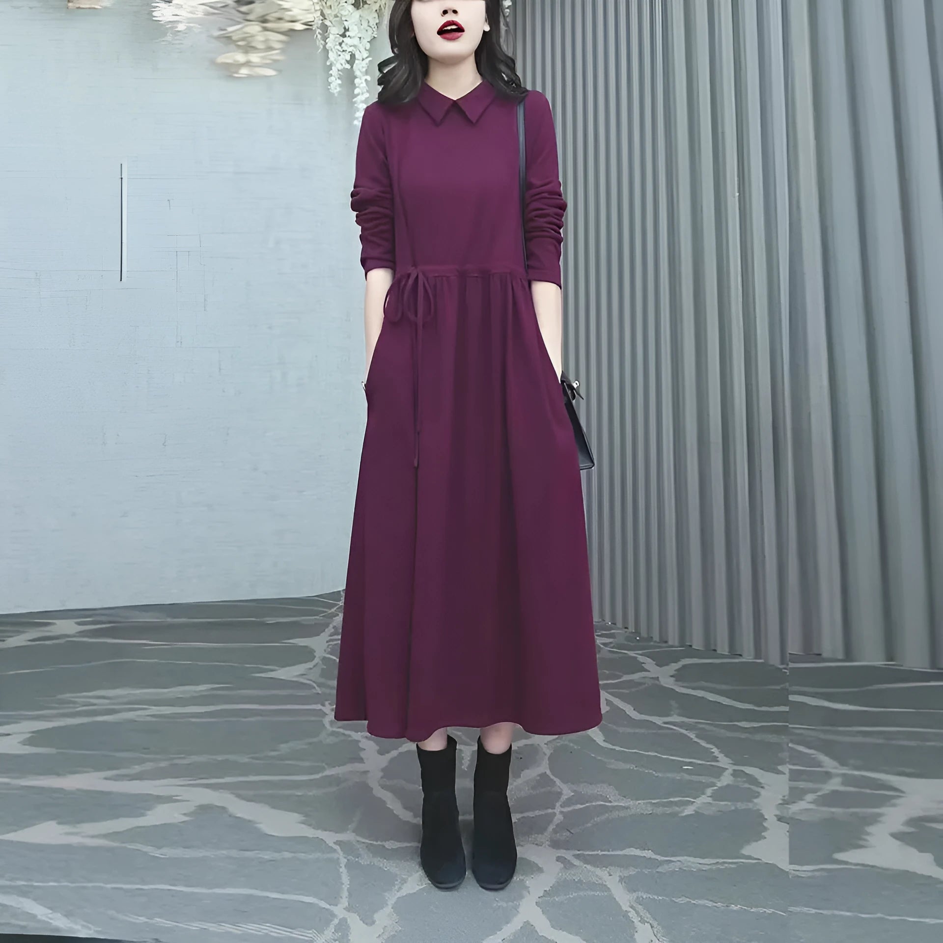 Purplish red plus size women's dress with extra long sleeves and urban style design