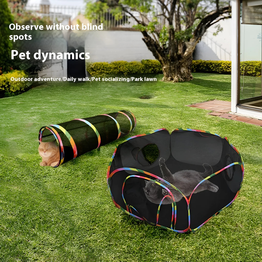 Foldable mesh cat play cage showing interlocking panels in a tunnel configuration.
