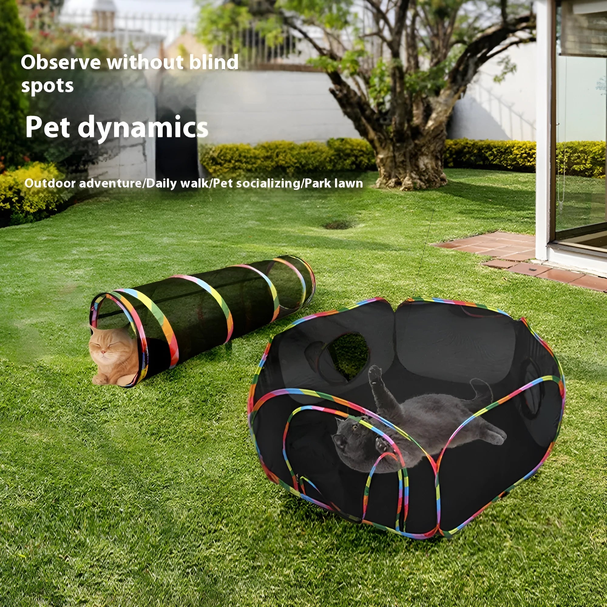 Foldable mesh cat play cage showing interlocking panels in a tunnel configuration.